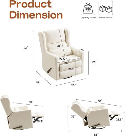 Power Recliner Chair Swivel Glider with Adjustable Headrest，Oversized Swivel Rocker Recliner with Lumbar Support, Upholstered Nursery Glider Recliner for Living Room,White