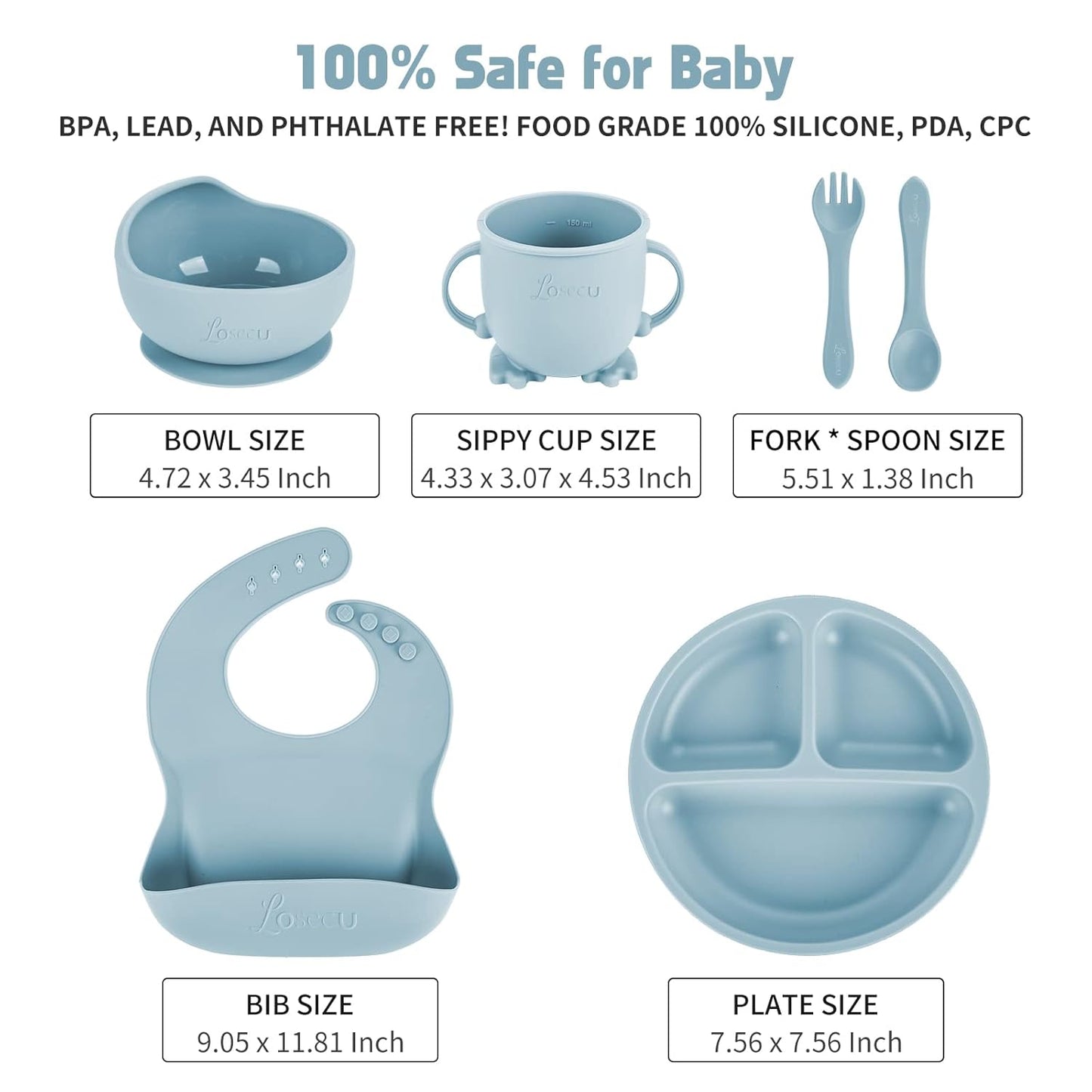 Silicone Feeding Set|Baby Led Weaning Supplies|Suction Plate Bowl Set with Bib, Spoon, Fork, Sippy Cup|Feeding Eating Supplies BPA Free