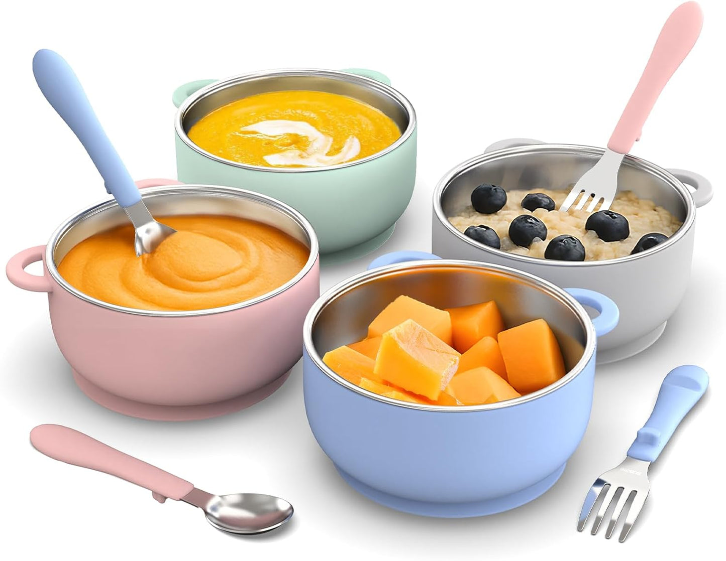 Bakpoco Toddler Bowls with suction & Utensils Set, 2-in-1 Stainless Steel 304 Kids Feeding Bowl & Silicone Suction Baby Bowl with Spoons and Forks, First Self-feeding Training Set, Organic Bloom