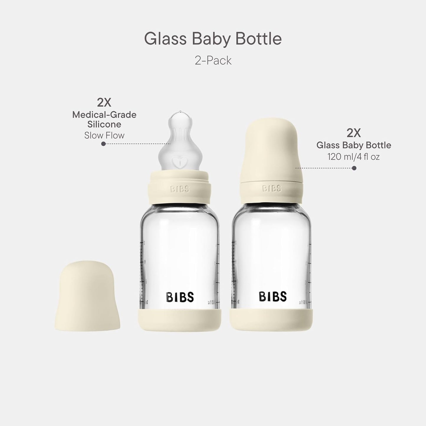 BIBS Glass Baby Bottles 2-Pack, 4 Oz. Anti-Colic System for Gas Reduction. Vented Round Silicone Nipple. Supports Infant and Newborn Breastfeeding - 120 ml (Pack of 2), Sage