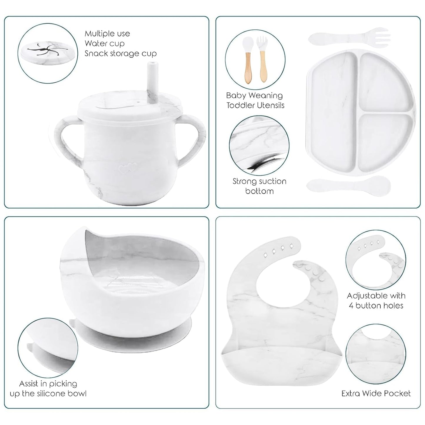 100% Silicone Baby Feeding Set, BPA Free Baby Dishes with Suction Bowl, Divided Plate, Toddler Self Feeding Dish Set with Spoons, Forks, Sippy Cup and Bib, Baby Eating Utensils (Navy Blue)