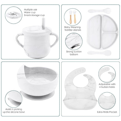 100% Silicone Baby Feeding Set, BPA Free Baby Dishes with Suction Bowl, Divided Plate, Toddler Self Feeding Dish Set with Spoons, Forks, Sippy Cup and Bib, Baby Eating Utensils (Navy Blue)