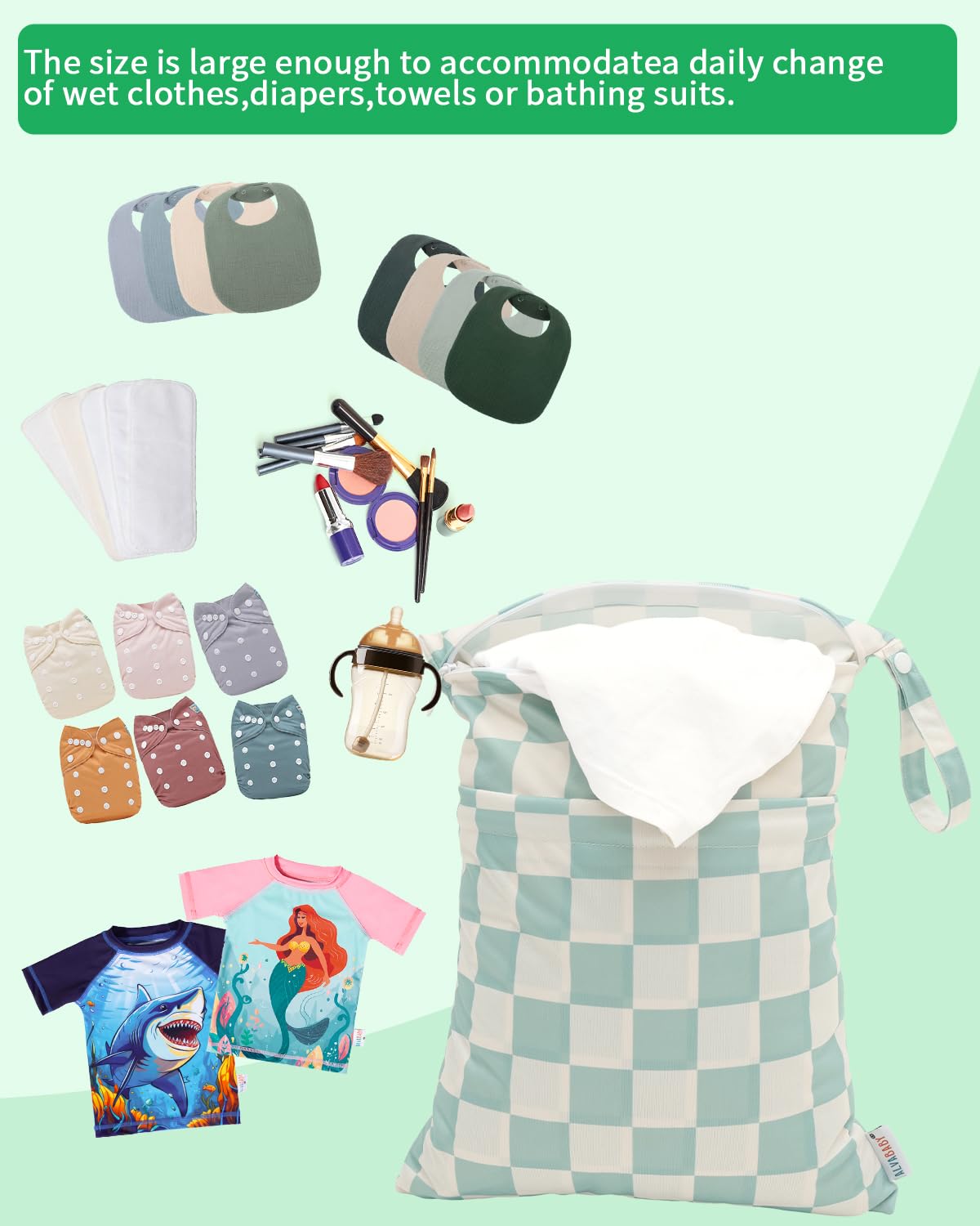 ALVA ALVABABY 3 Cloth Diaper Wet Dry Bags Waterproof Reusable with Two Zippered Pockets Travel Beach Pool Daycare Soiled Baby Items Yoga Gym Bag for Swimsuits or Wet Clothes Small medium Large - Colors A