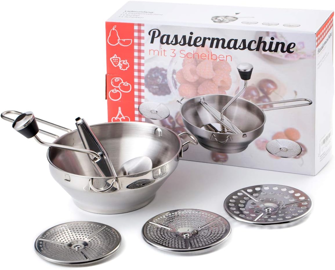 Rotary Food Mill Potato Ricer with 3 Interchangeable Disks, Great for Making Puree or Soups of Vegetables, Baby Foods, Stainless Steel 2 Quart Kitchen Mills, Easy Clean and Assemble, Manual Operati