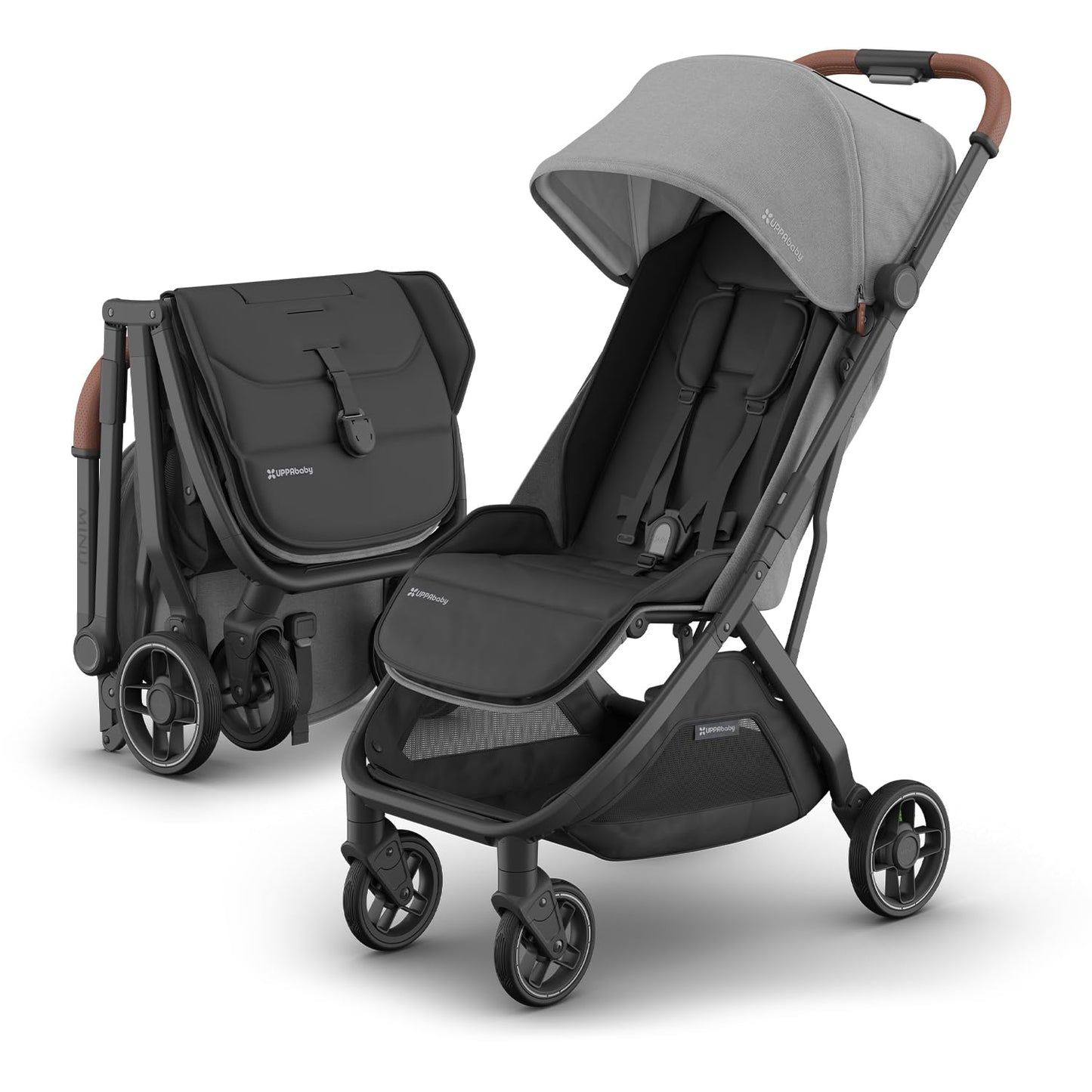 UPPAbaby Minu V3 Travel Stroller | Lightweight + Compact Design | One-Hand Fold + Unfold | from Birth + Overhead Compatible | Evelyn (Meadow Green/Carbon Frame/Chestnut Leather)