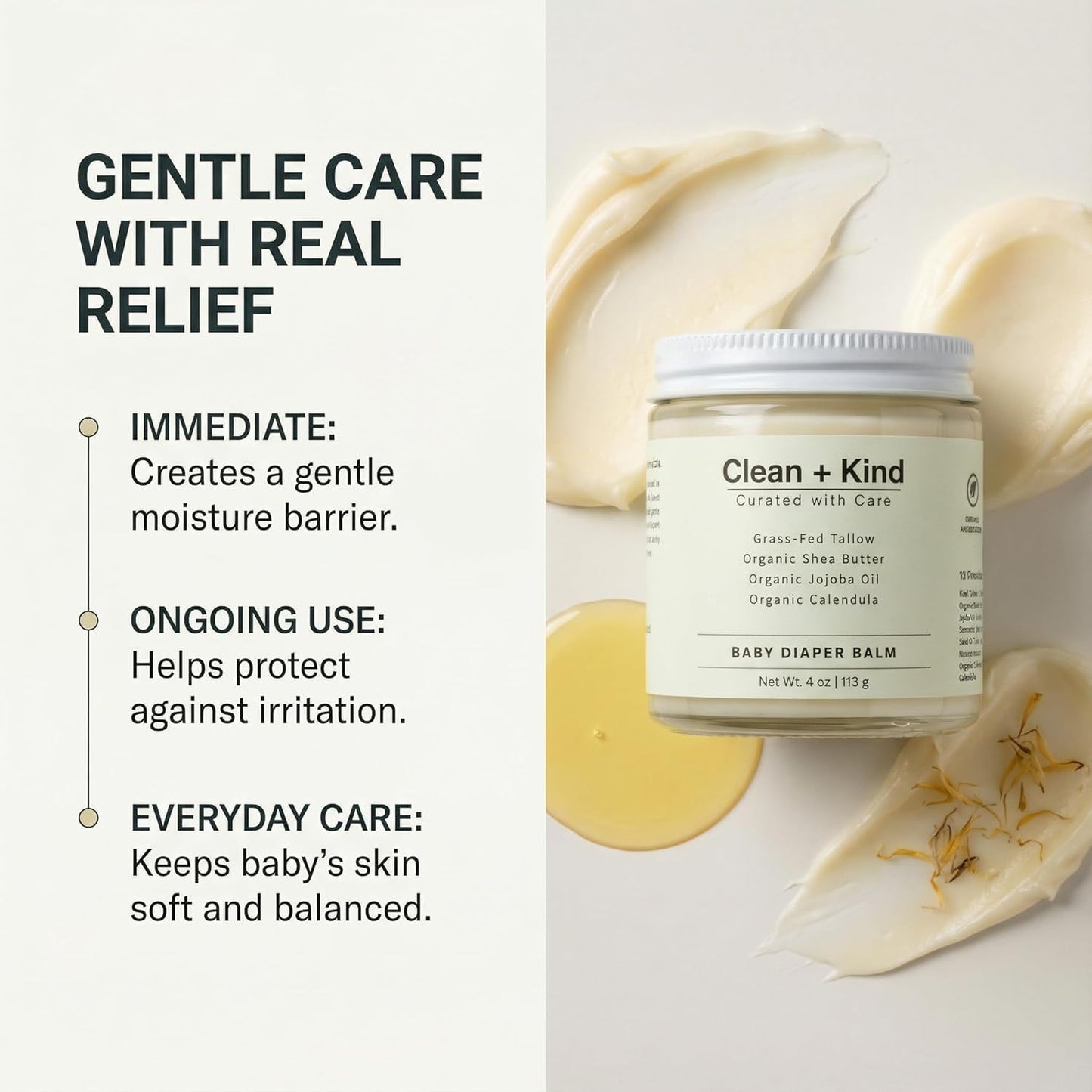 Organic Diaper Balm – 4 oz Baby Diaper Rash Cream – Soothes & Protects Sensitive Skin with Grass-Fed Tallow, Shea Butter, Jojoba & Calendula – Petroleum-Free, Organic Baby Balm