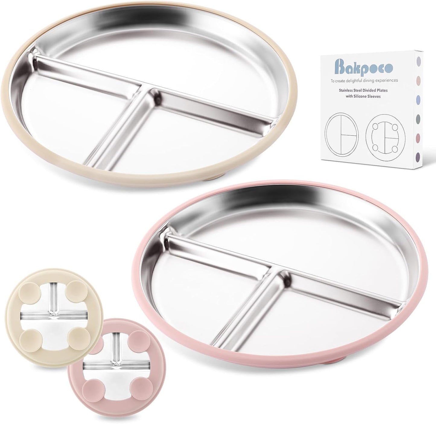 Bakpoco Stainless Steel Toddler Plate with Suction, 9” Divided Plates with Removable Silicone Sleeves for Kids, Non Toxic & BPA Free | Non Slip | Unbreakable Baby Snack Dishes Set of 2, Blue & Gray