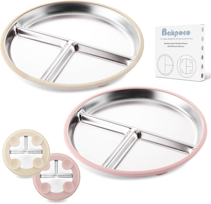 Bakpoco Stainless Steel Toddler Plate with Suction, 9” Divided Plates with Removable Silicone Sleeves for Kids, Non Toxic & BPA Free | Non Slip | Unbreakable Baby Snack Dishes Set of 2, Blue & Gray