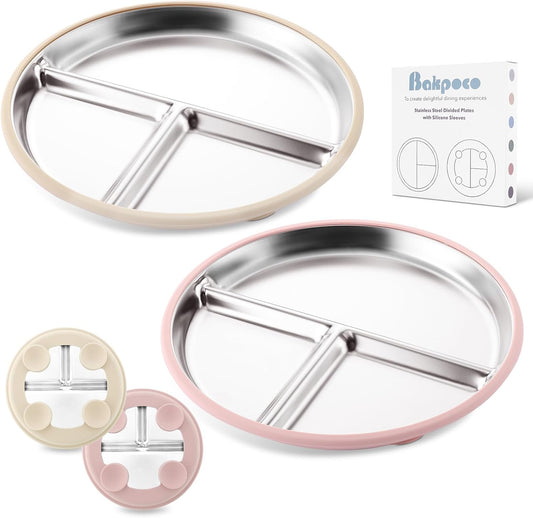 Bakpoco Stainless Steel Toddler Plate with Suction, 9” Divided Plates with Removable Silicone Sleeves for Kids, Non Toxic & BPA Free | Non Slip | Unbreakable Baby Snack Dishes Set of 2, Blue & Gray