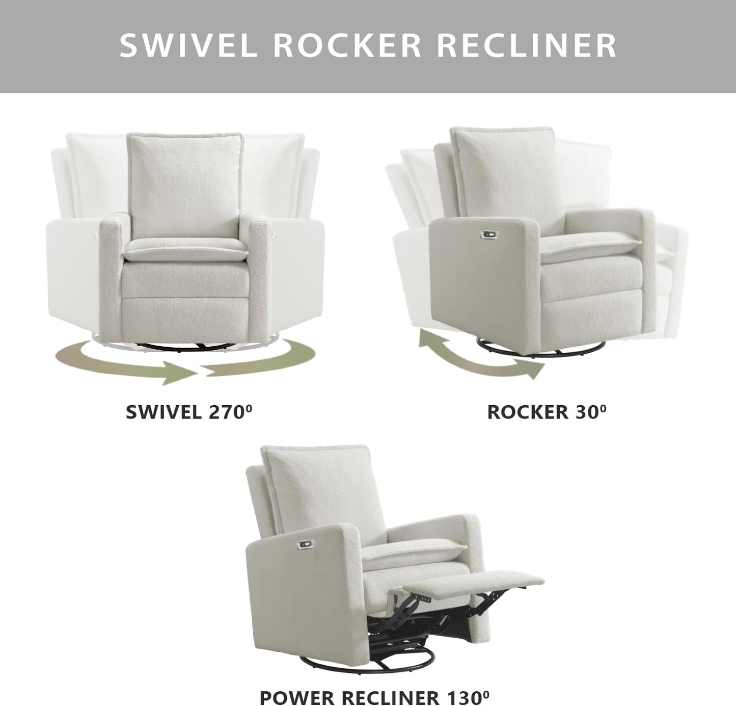 Oxford Baby Uptown Upholstered Glider Recliner Rocking Chair 360° Swivel for Nursery and Living Room - Boucle White