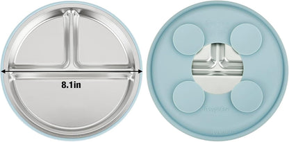 PandaEar 6-in-1 Stainless Steel Baby Feeding Set | Divided Suction Plate, Bowl, Sippy Cup with Straw, Bib, Spoon & Fork | BPA-Free Toddler Feeding Essentials for Self-Feeding (Blue)