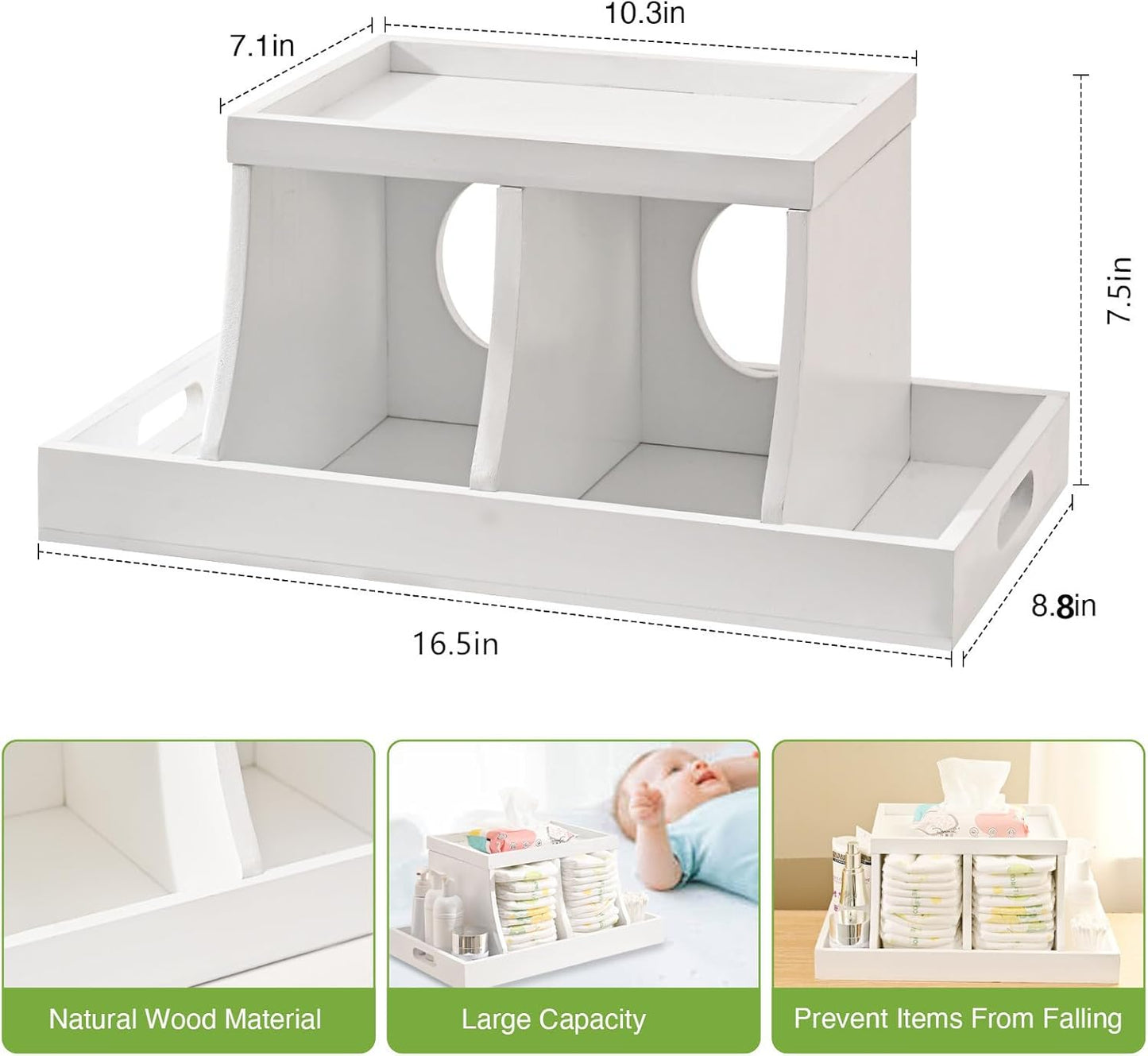 Diaper Caddy Organizer, Changing Table Organizer, Wooden Diaper Organizer for Nursery, Baby Diaper Storage Organizer with Removable Dividers (Brown, Rectangular Size)