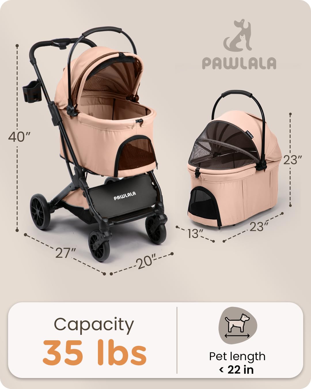 Pet Stroller with Detachable Carrier for Small, Medium Dogs & Cats, Lightweight Foldable Design, Travel-Ready, Compact Storage (Cloud Gray)