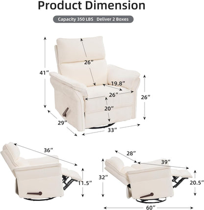 Oversized Glider Rocker Recliner, 26" Extra Wide 360° Swivel Nursery Recliner with Adjustable Headrest, Chenille Rocking Nursery Chair with Overstuffed Armrest, Lumbar Support, Light Grey