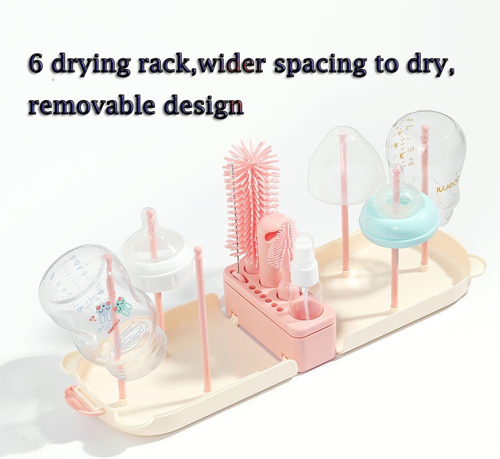 6 In1 Baby Bottle Brush Kit,Portable Silicone Bottle Brush Cleaner Set with Straw Brush,Nipple Brush,Drying Rack,Soap Dispenser,Storage Bag for Travel or Home,Compact&Space-Saving(Pink)