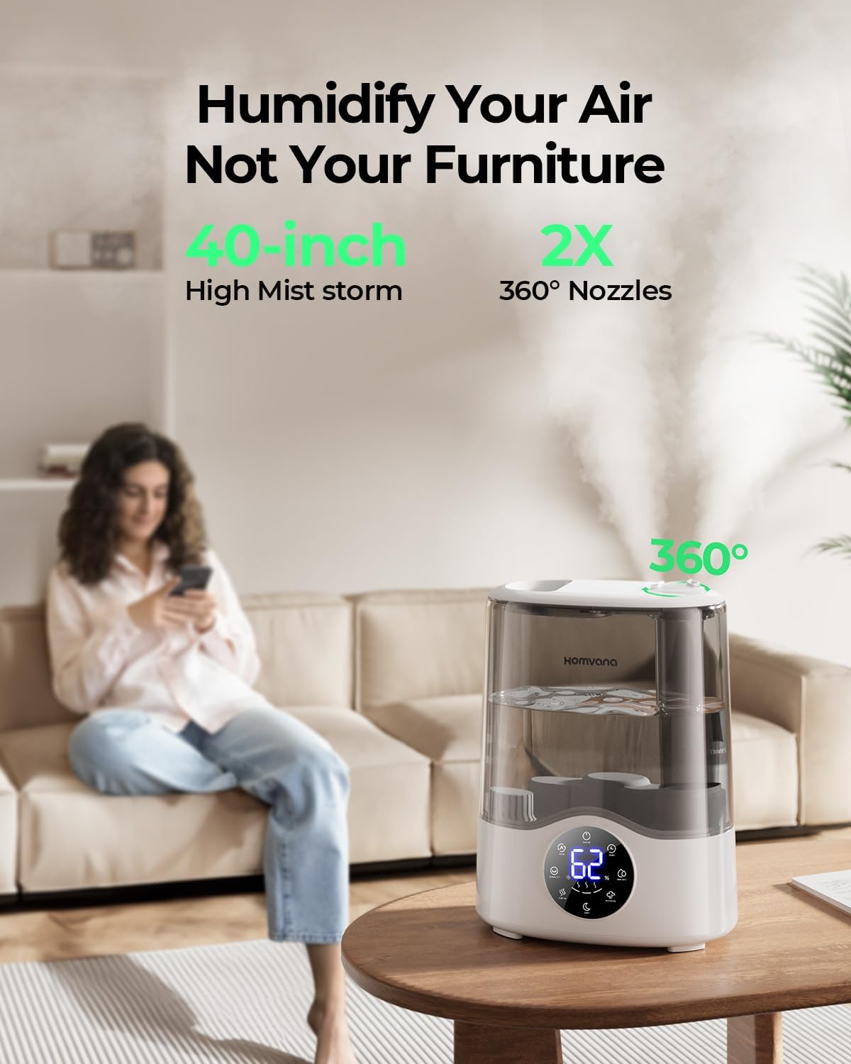 Homvana Humidifier Large Room, 7L (807ft²) Smart Warm and Cool Mist, Top-Fill Humidifiers for Bedroom Baby Nursery Grow Tent, Auto Adapt Mist Quick Air Humidity Indoor, Easy to Clean, Quiet, Diffusers