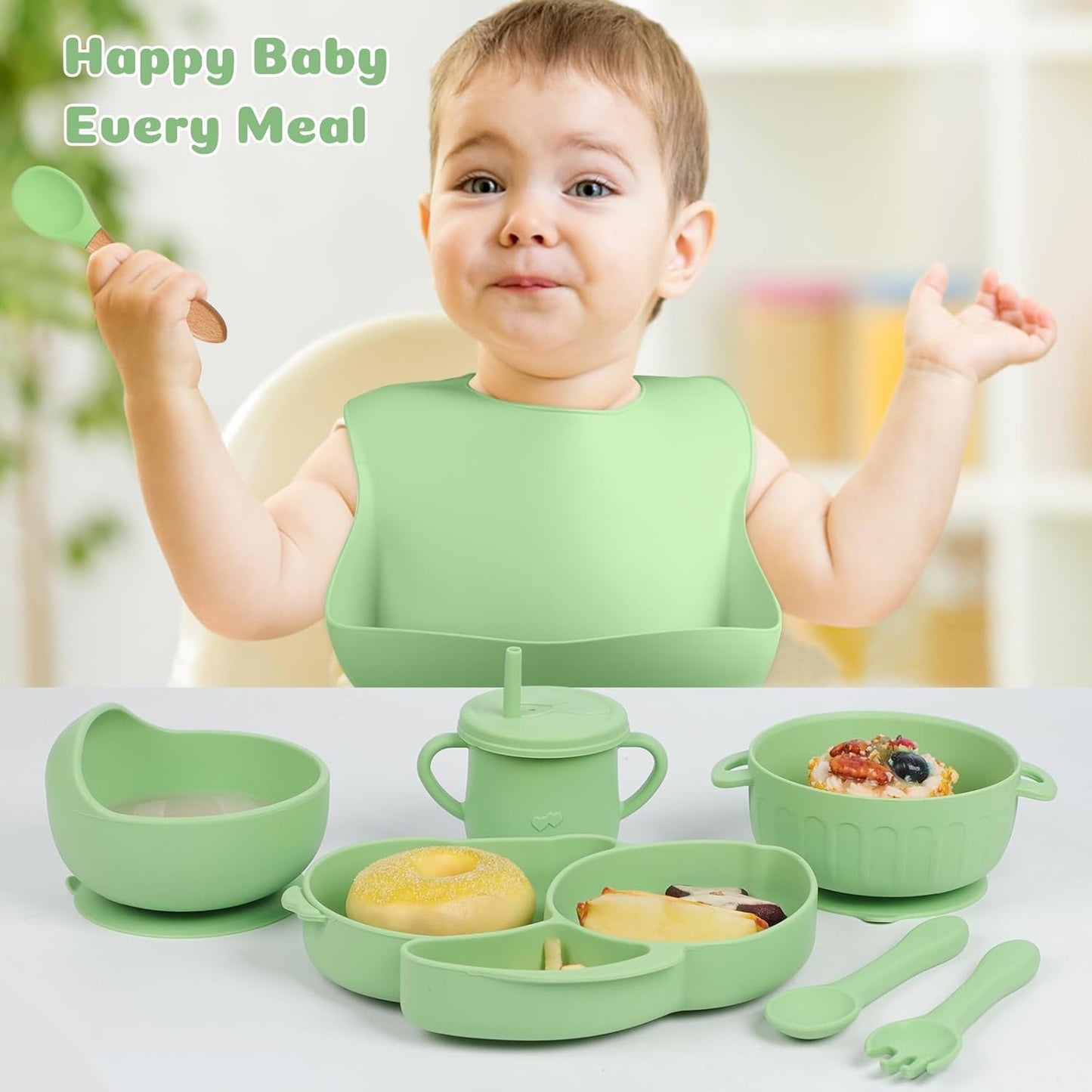 Silicone Baby Feeding Set 15 Pcs，Baby Spoons Suction Bowl Divided Plate Bib Cup Finger Brush Training cups,Baby Led Weaning Supplies,Baby Plates，Toddler Feeding Plates and Bowls Set（purple）