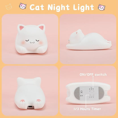 LOVERUIS Cute Night Light for Kids Cat Night-Light Baby Girl Squishy NightLight 1/3 Hour Timer Kitty Light Dimmable Nursery Lamp Colorful Nightlight Gift for Kid Toddler Kawaii Bedroom (Mimi)