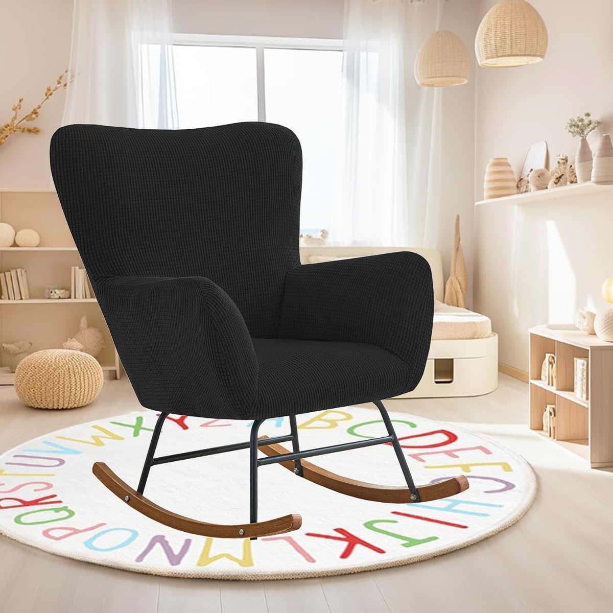 Levoberg Nursery Rocking Chair Cover Stretch Rocker Glider Chairs Cover Slipcovers Jacquard Rocking Accent Chair Cover Recliner Armchair Slipcover for Nursery Living Room Bedroom Office Black