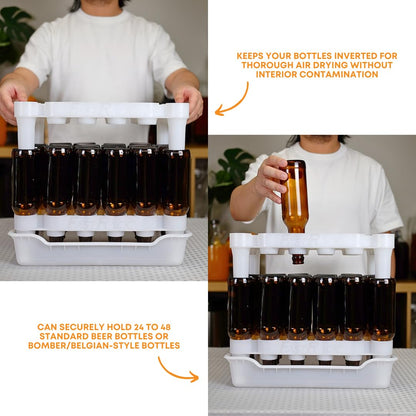 FASTFERMENT - 24-Bottle Drying Rack & Tray| Bottle Drying Tree Alternative | Dry & Store your Wine or Bomber/Belgian Bottles | Stackable | White | Dishwasher Safe | Home Brewing Supplies