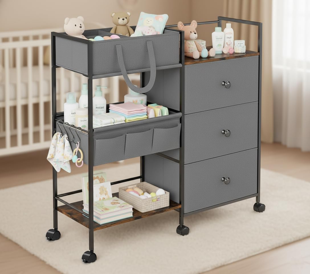 Diaper Caddy Organizer and Storage, 3-Tier Baby Storage Organizers with 2+2 Dividers, Large Capacity Diaper Rolling Cart for Nursery, Diaper Caddy Cart for Crib, Bedroom, Bathroom