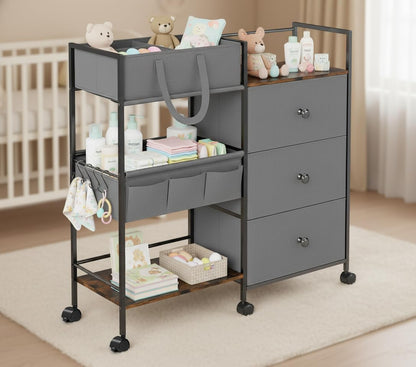 Diaper Caddy Organizer and Storage, 3-Tier Baby Storage Organizers with 2+2 Dividers, Large Capacity Diaper Rolling Cart for Nursery, Diaper Caddy Cart for Crib, Bedroom, Bathroom