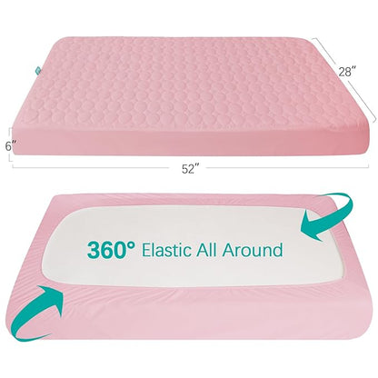 Crib Mattress Protector Sheets Waterproof 2 Pack, Quilted Crib Mattress Pad Cover Fitted Fits for Baby Toddler Bed Mattress, Grey & Pink, 52” x 28”