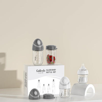 Gulicola Natural Glass Baby Bottles Set 4 Pack, Newborn Boy Breastfeeding Bottles with Slow Flow Nipples, 0 Months+, 3 oz & 5 oz - Black/White