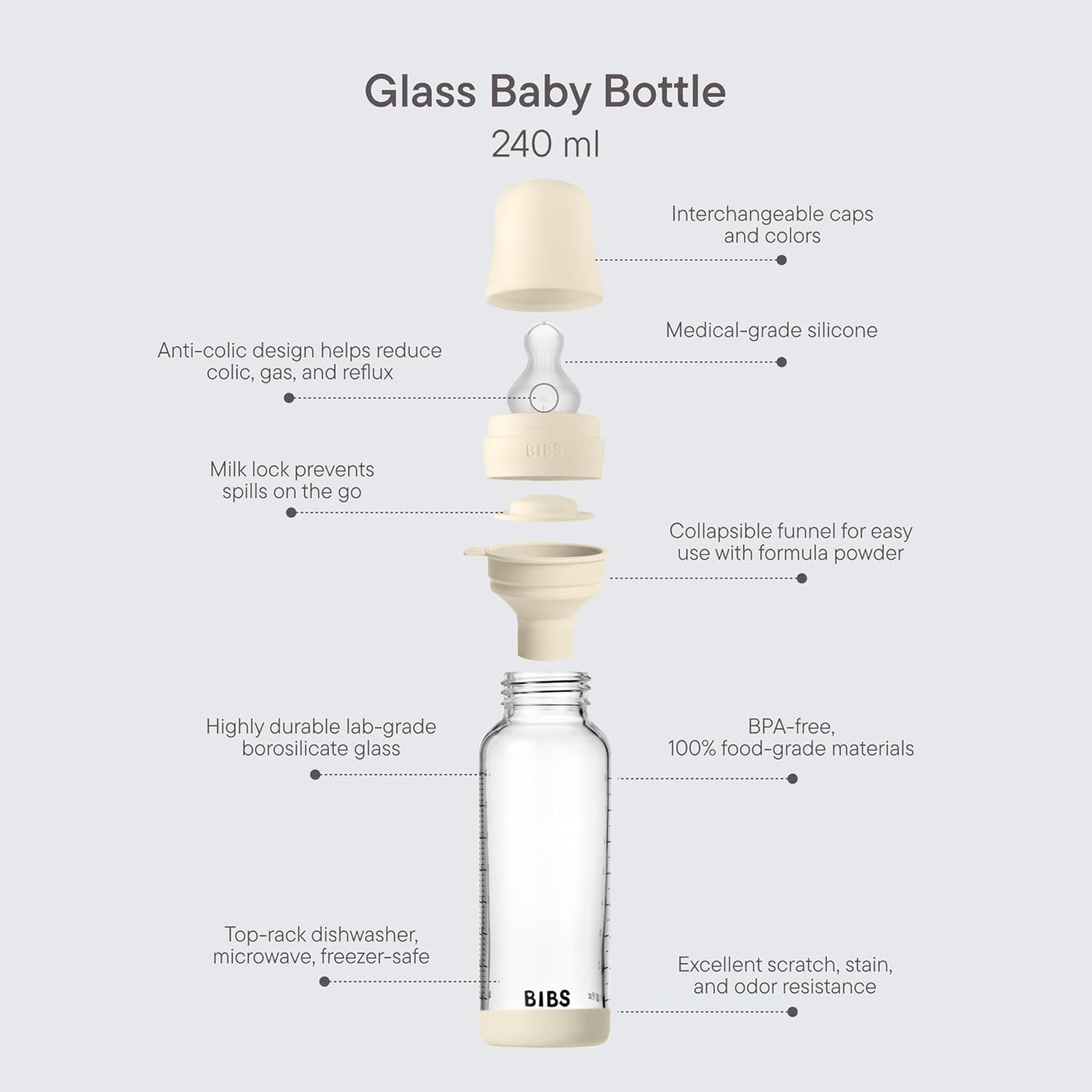 BIBS Baby Glass Bottle. 8 US fl oz / 240 ml. Anti-Colic. Vented Round Silicone Nipple. Supports Natural Breastfeeding, Medium Flow, Complete Set - Blush