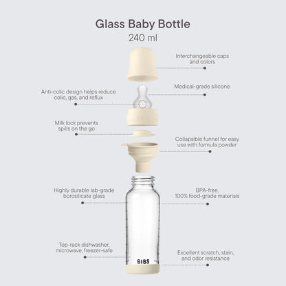 BIBS Baby Glass Bottle. 8 US fl oz / 240 ml. Anti-Colic. Vented Round Silicone Nipple. Supports Natural Breastfeeding, Medium Flow, Complete Set - Blush