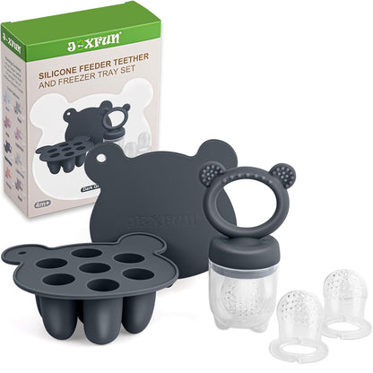 Silicone Baby Fruit Food Feeder & Mini Freezer Nibble Tray, Breastmilk Popsicle Molds for Baby Teething Relief, BPA Free Silicone Teething Toys Feeder for Safe Infant Self Feeding, Extra Food Pouches