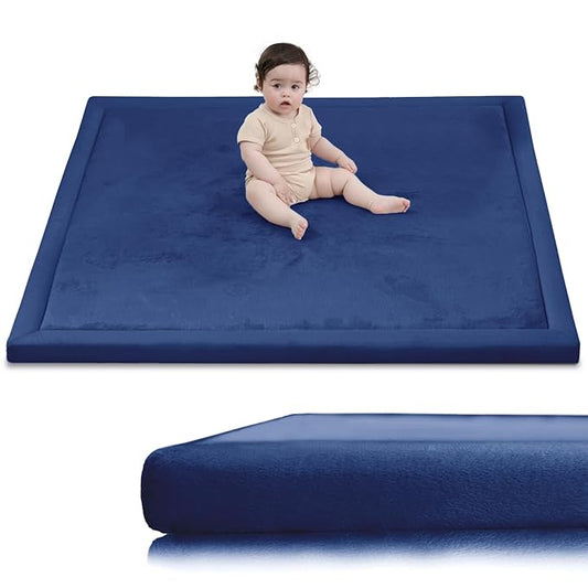 Huloo Sleep Baby Play Mat for Floor,1.3" Thick Elasti-Foam 50x50 Playpen Mat for Toddlers Infant Kids,Water-Repellent Soft Coral Velvet Tummy Time Non Slip Crawling,Tatami(Dark Blue)