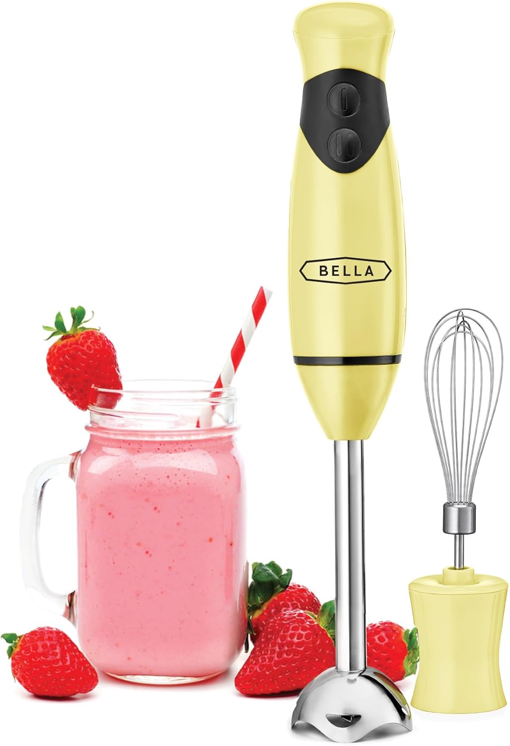 BELLA Immersion Hand Blender, Portable Mixer with Whisk Attachment - Electric Handheld Juicer, Shakes, Baby Food and Smoothie Maker, Stainless Steel, Black