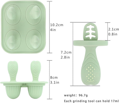 Silicone Baby Ice Pop Molds with Easy-Grip Handles, 4-Cavity Frozen Food Feeder Tray for Toddlers, Mini Popsicle Maker for Feeding Stage, Fruit Puree & Breast Milk Snacks(Olive Green)