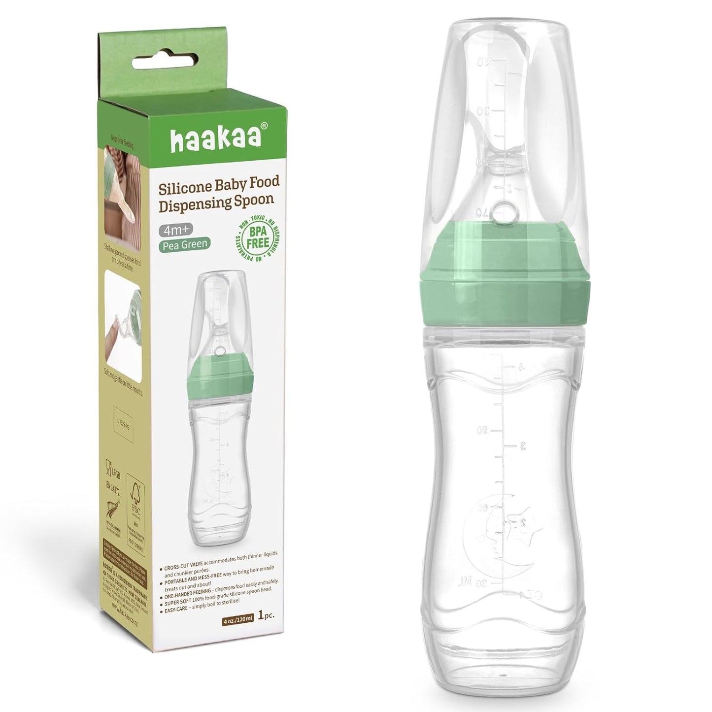 Haakaa Silicone Baby Food Dispensing Spoon Feeder 4oz - Infant Squeeze Cereal Feeder, Baby Fresh Food Feeder, Feed Bottle for Puree, Solid Baby Food, BPA Free, 4m+ Babies – Grey