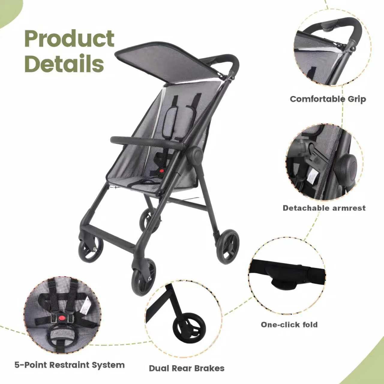 Lightweight Travel Baby Stroller, Compact Foldable Baby Stroller with Sun Visor, Convenience Airplane Strollers, Ultra-Compact One-Hand Foldable Stroller, Baby Airplane Travel Essentials (Grey)