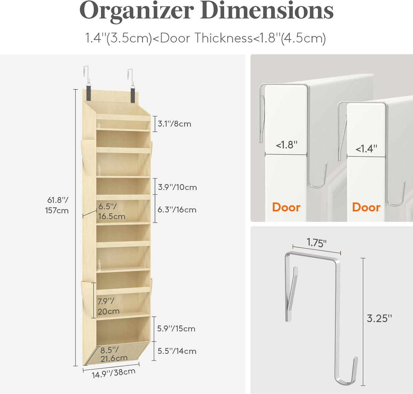 Lifewit 1 Pack Over the Door Organizer, 5 Section Clear Window Hanging Storage with 4 Side Pockets, Sturdy Anti Tilt 40 lbs Load Behind Door for Closet, Bedroom, Bathroom, Nursery, Dorm, Gray