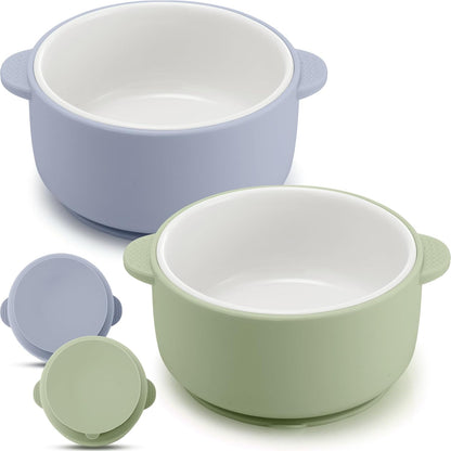 Domensi 4 Sets Kids Porcelain Bowls with Suction Sleeves Toddler Suction Bowl Upgrade Durable Microwave Dishwasher Safe Cereal Soup Snack Dishes for Baby Children Feeding Supplies (Macaron Colors)