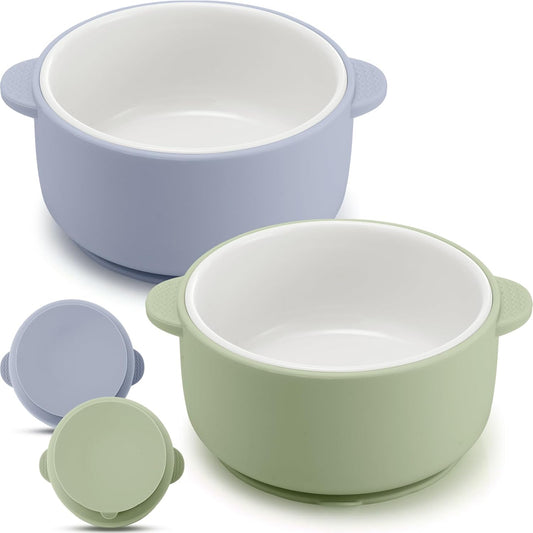 Domensi 4 Sets Kids Porcelain Bowls with Suction Sleeves Toddler Suction Bowl Upgrade Durable Microwave Dishwasher Safe Cereal Soup Snack Dishes for Baby Children Feeding Supplies (Macaron Colors)