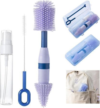 Travel Bottle Brush, 6-in-1 Portable Travel Bottle Cleaner Kit with Small Bottle Brush Built in Drying Rack, Nipple Brush, Straw Brush, Soap Dispenser, for Baby Bottles Under 8 OZ, BPA-Free(Yellow)