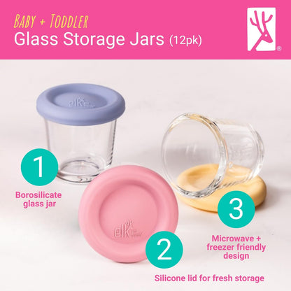 Elk and Friends 4oz Borosilicate Glass Baby Food Storage Jars with Silicone Lid | Strong Glass | Set of 12 | Microwave, Oven & Dishwasher Safe | Infant and Babies
