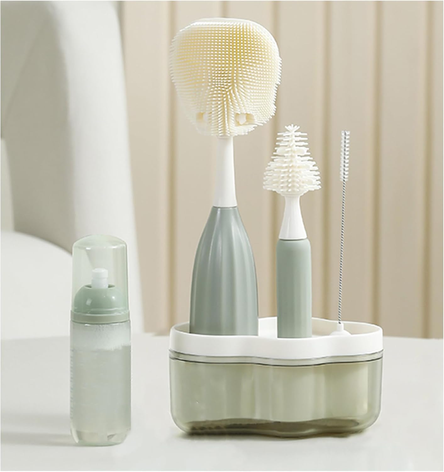 Baby Bottle Brush Kit with Push-Press Bubble and Drying Rack for Bottle Cleaning, Bendable Bottle Cleaner Brush for Baby Bottles, Breast Pumps, Nipples, Straws and More. Perfect for Home&Travel (Pink)