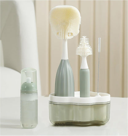 Baby Bottle Brush Kit with Push-Press Bubble and Drying Rack for Bottle Cleaning, Bendable Bottle Cleaner Brush for Baby Bottles, Breast Pumps, Nipples, Straws and More. Perfect for Home&Travel (Pink)