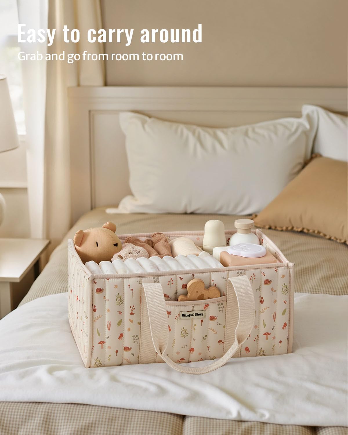 Blissful Diary Floral Diaper Caddy Organizer, Stylish Nursery Storage Basket, Gift for Baby Shower, Newborn Essentials, Floral Beige
