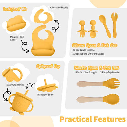 Baby Led Weaning Supplies, 17 Piece BPA-Free Silicone Feeding Set, Eating Essentials Baby Utensils with Suction Plate and Bowl, Pocket Bib, Sippy Cup with Lid, for 6+ Months, Blue