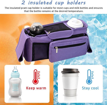 Baby Stroller Organizer, Universal Stroller Organizer with Detachable Phone Bag, Stroller Caddy with 2 Insulated Cup Holders, Buggy Organizer Bag with 2 Hooks Fits Most Strollers (Balck)