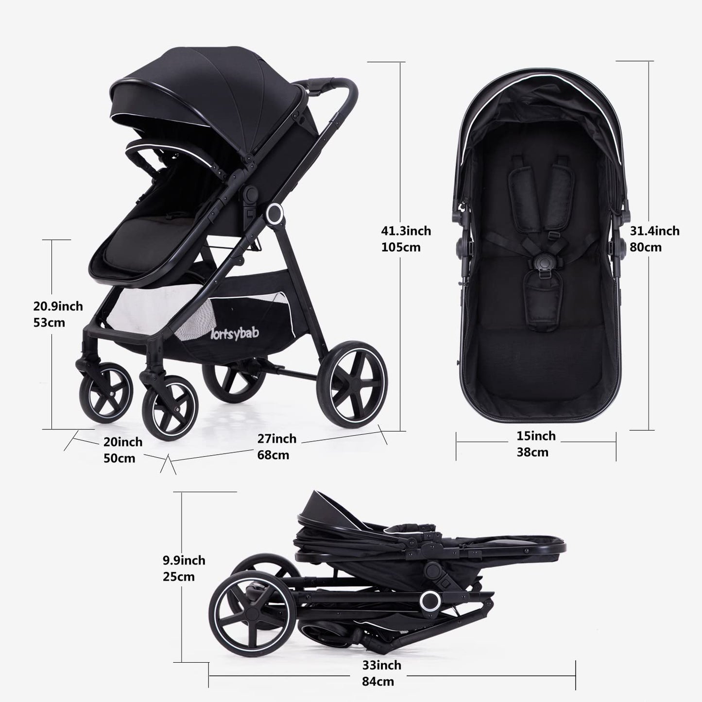 Lortsybab 2-in-1 Baby Stroller - Folding Infant Newborn Pram Stroller with Reversible Seat - Toddler Strollers for 0-36 Months Old Babies (Pink)