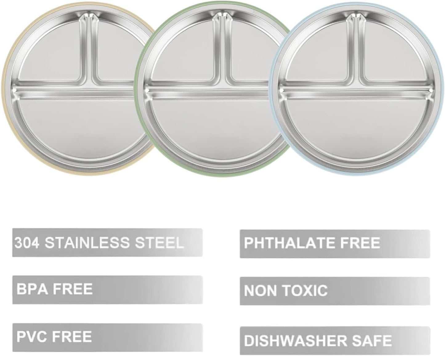 PandaEar 3 Pack Stainless Steel Baby Suction Plates, Divided Toddler Plate for Baby Led Weaning Supplies, Non-Slip Toddler Baby Feeding Set Dishwasher Safe (Pink/Linen/Light Pink)