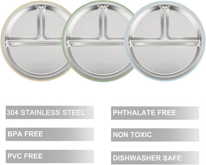 PandaEar 3 Pack Stainless Steel Baby Suction Plates, Divided Toddler Plate for Baby Led Weaning Supplies, Non-Slip Toddler Baby Feeding Set Dishwasher Safe (Pink/Linen/Light Pink)