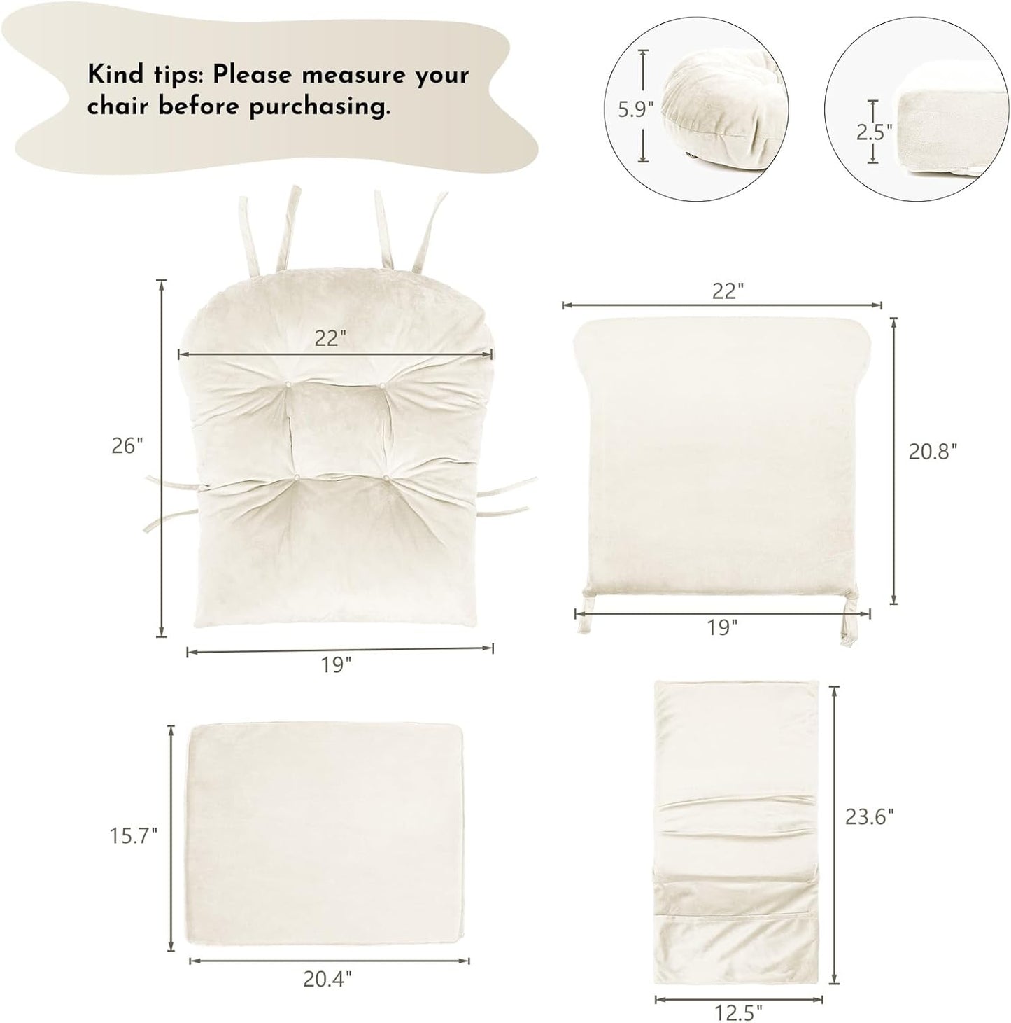 Lucky Monet 5Pcs Glider Rocker Replacement Cushions - Velvet Glider Cushions Replacement Set with Side Storage Pockets, Thick Glider Chair Cushions Washable & Non Slip, Cushion ONLY - Beige
